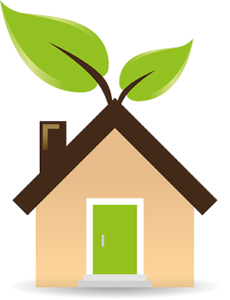 Custom home builder in Summit graphic of a home with two leaves coming out of the roof depicting eco-friendly building practices